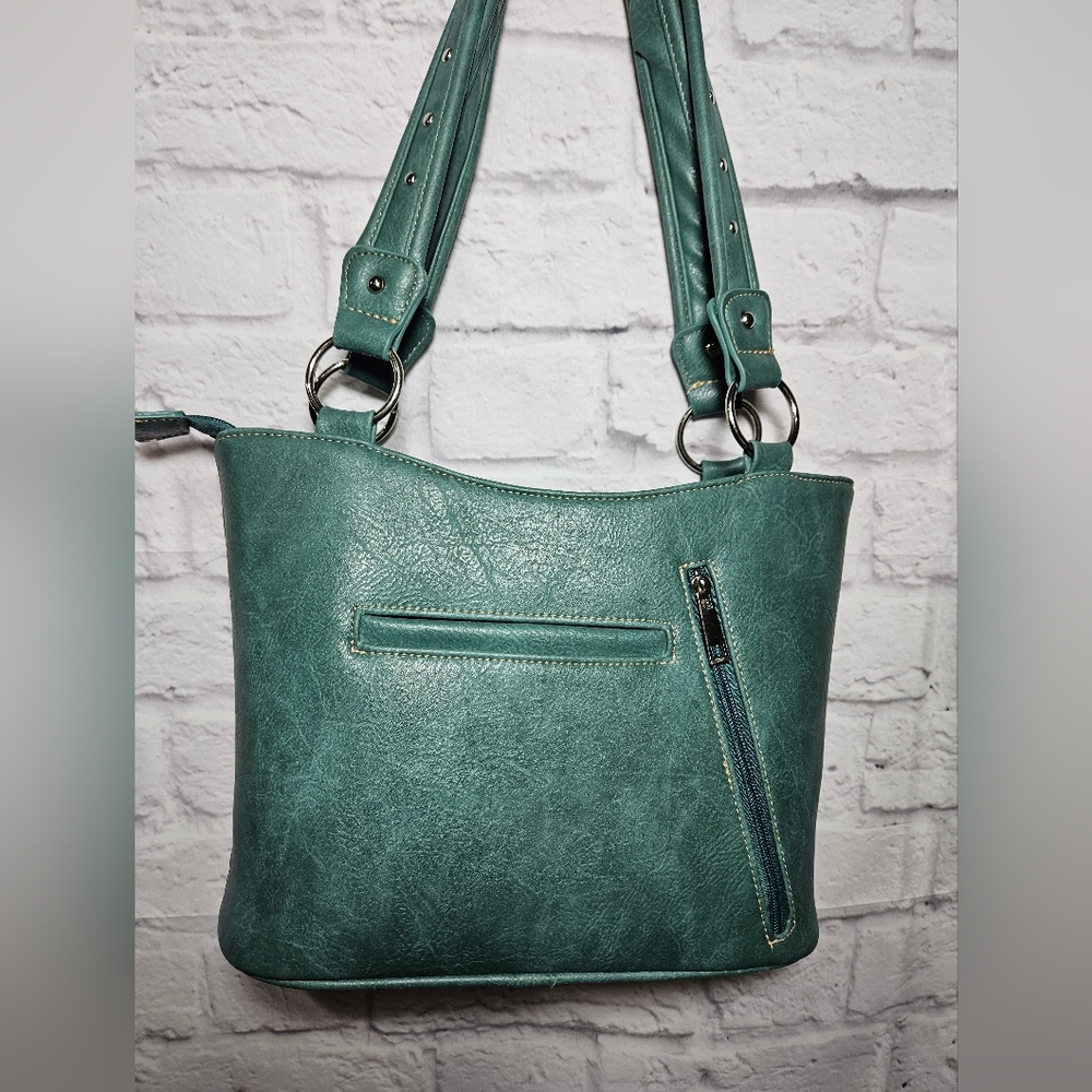 EUC Teal Embroidered Horse Design Vegan Leather Women's Bag - Picture 3 of 9